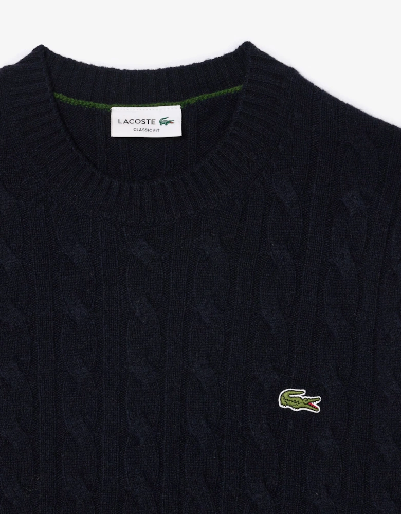 Carded Wool Cable Knit Crew Neck Mens Sweater - Navy Blue 166