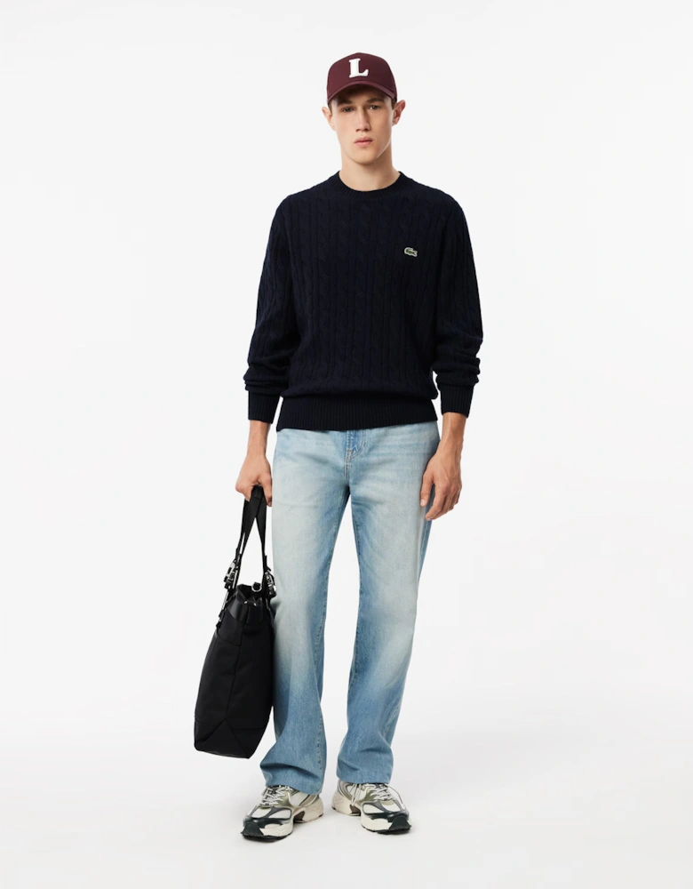 Carded Wool Cable Knit Crew Neck Mens Sweater - Navy Blue 166