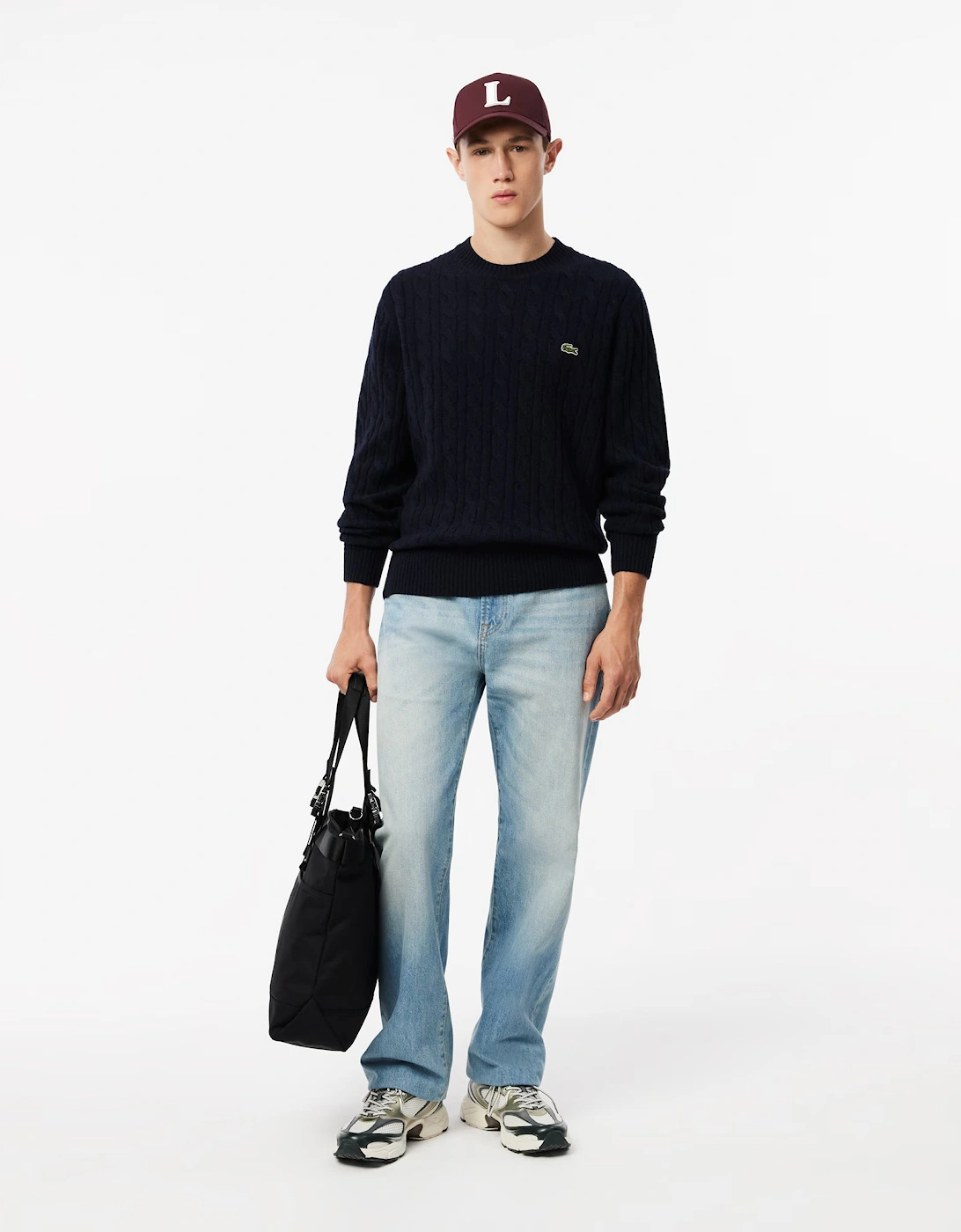 Carded Wool Cable Knit Crew Neck Mens Sweater - Navy Blue 166