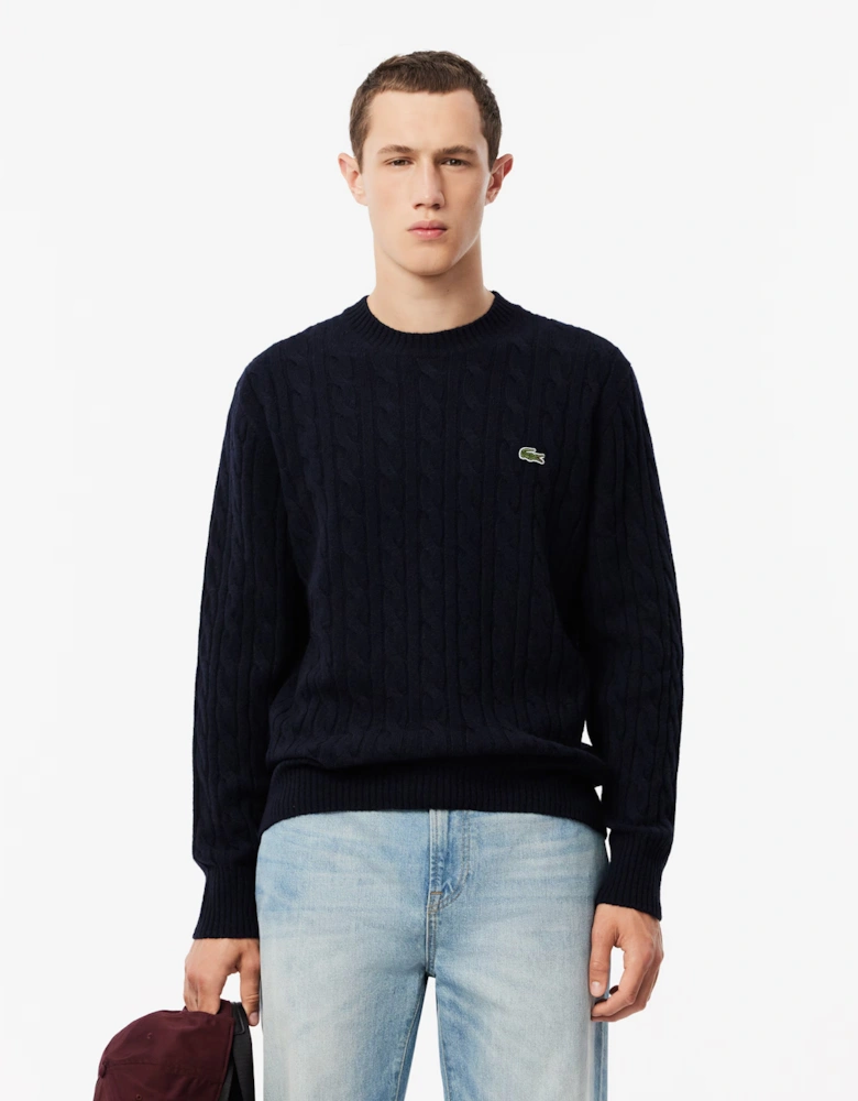 Carded Wool Cable Knit Crew Neck Mens Sweater - Navy Blue 166