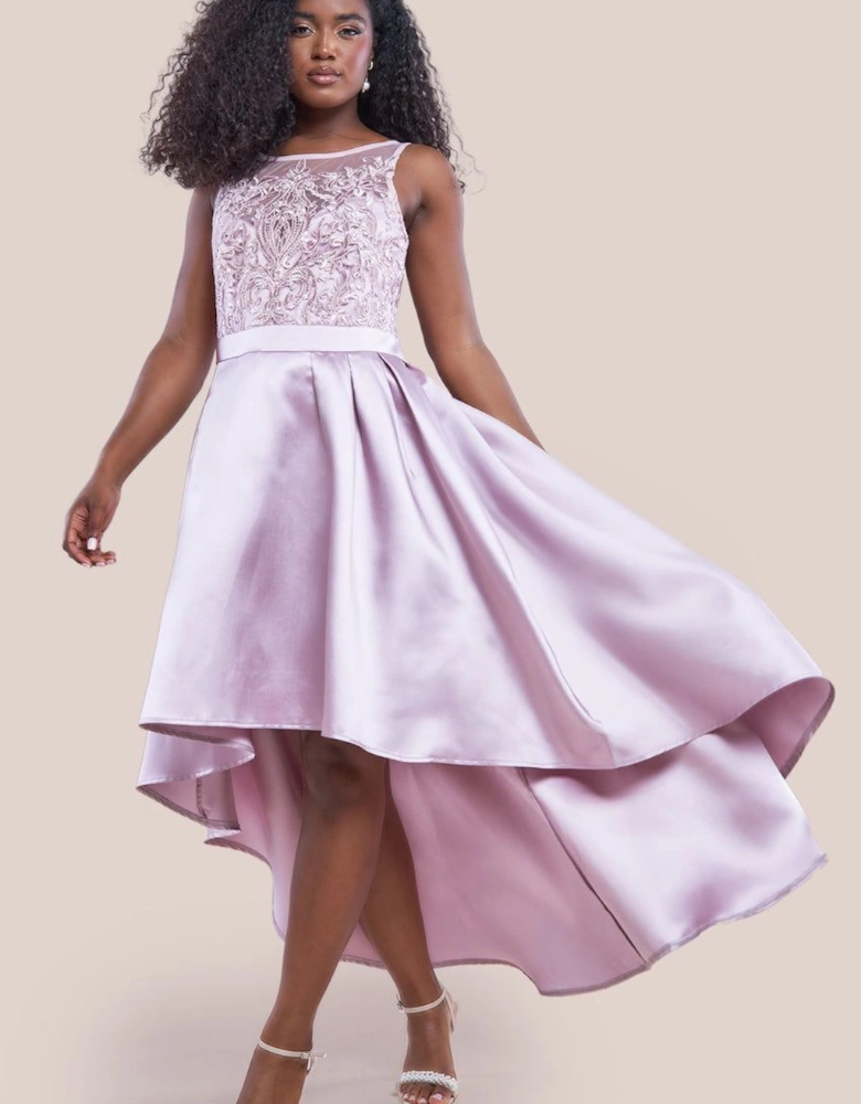 Sequin & Satin Dipped Hem Midi Dress