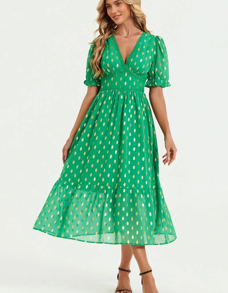 Lace Trim Foil Midi Dress In Green