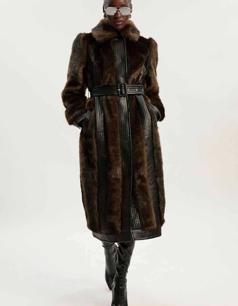 Faux Fur PU Panelled Belted Midi Coat