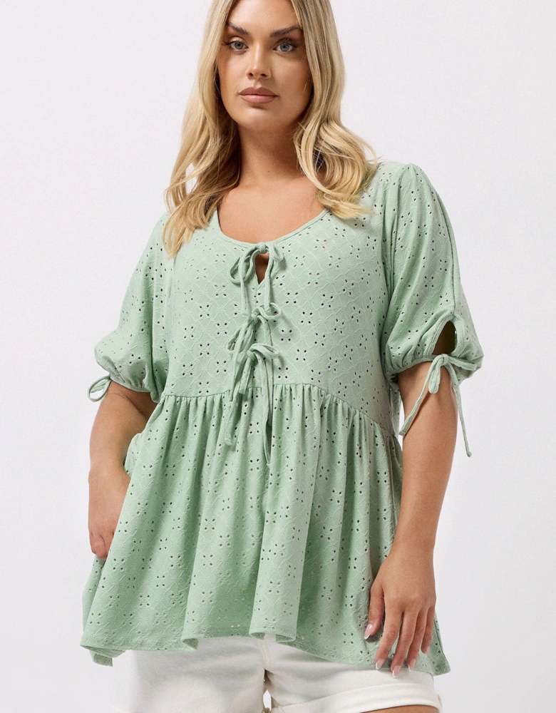 Broderie Anglaise Tie Front Peplum Top