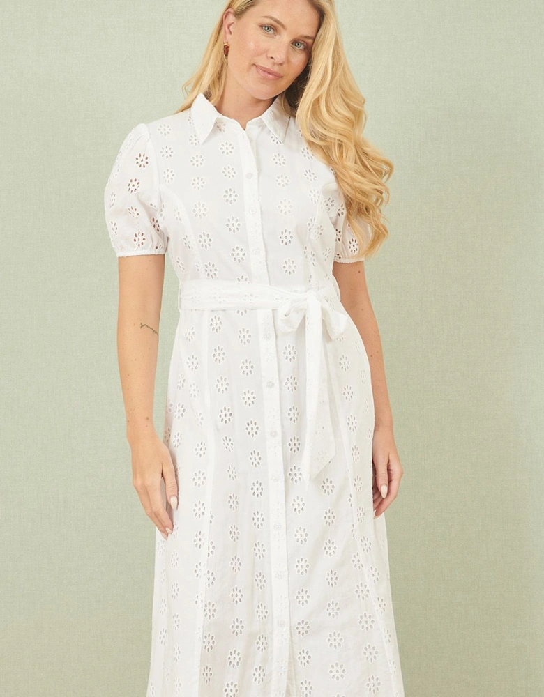 White Cotton Broderie Anglaise Midi Shirt Dress