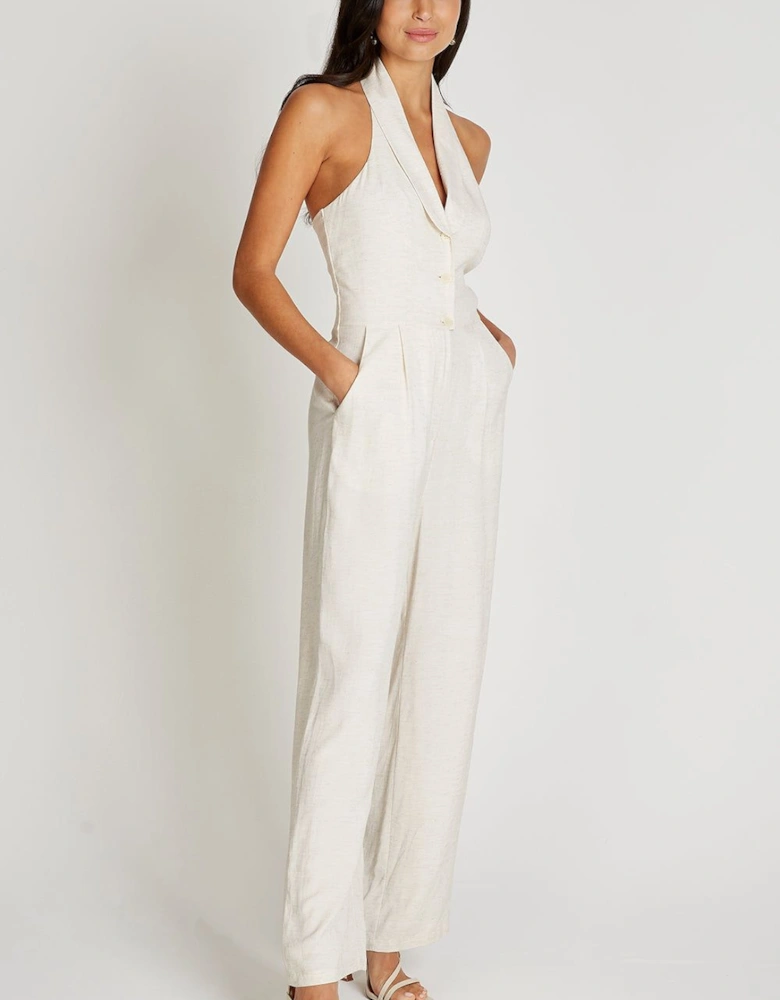 Cream Halter Neck Jumpsuit With Linen