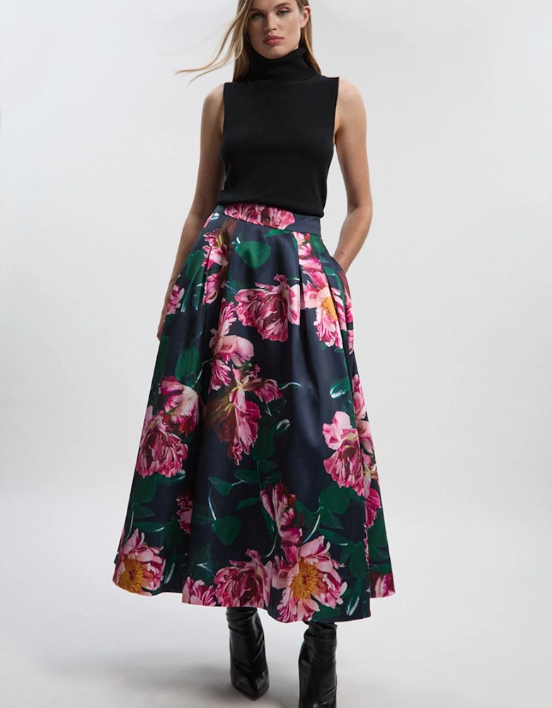 Romantic Floral Print Prom Woven Maxi Skirt