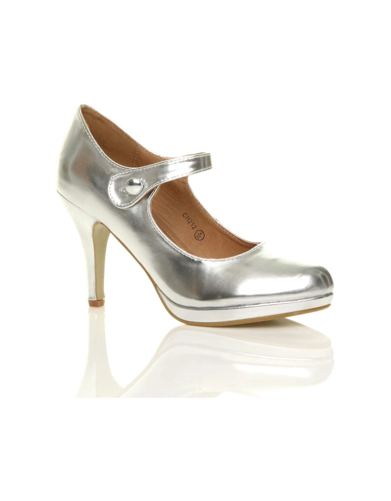 High Slim Heel Mary Jane Faux Leather Court Shoes