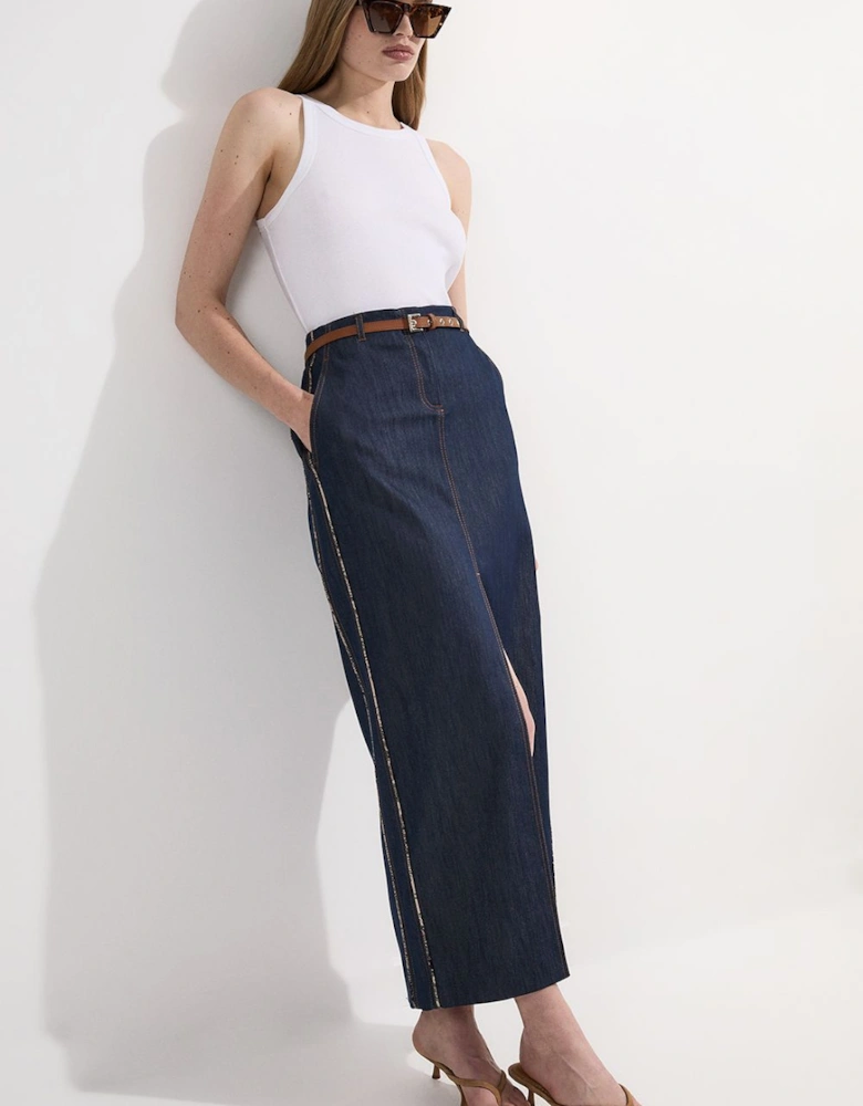 Archive Collection - Tailored Denim Belted Pocket Detail Maxi Skirt