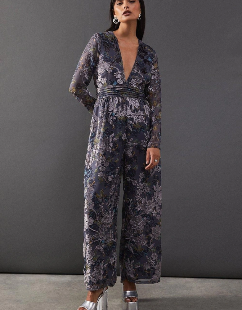 Burnout Velvet Plunge Neck Waisted Jumpsuit