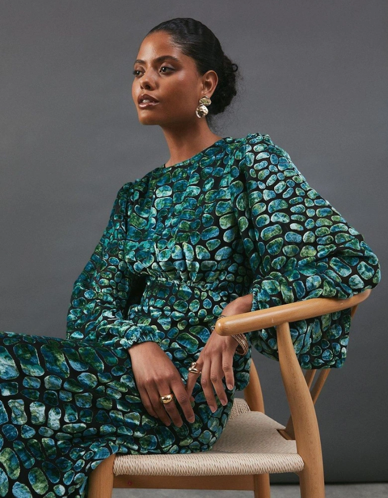 Burnout Velvet Balloon Sleeve Empire Seam Midi Dress