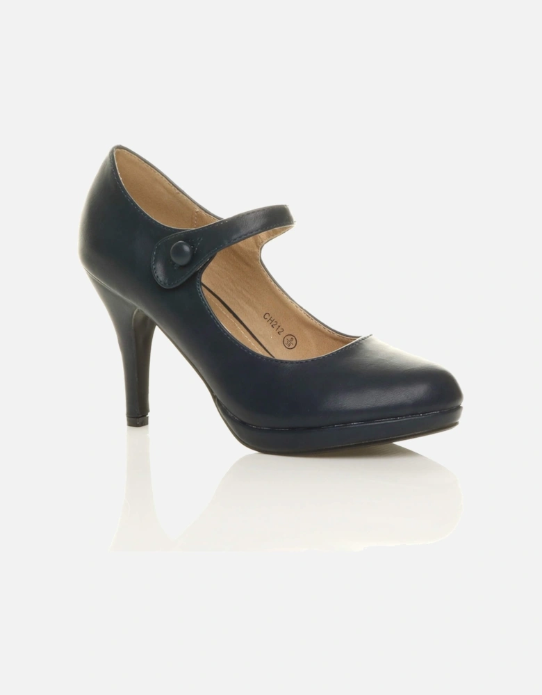 High Slim Heel Mary Jane Faux Leather Court Shoes