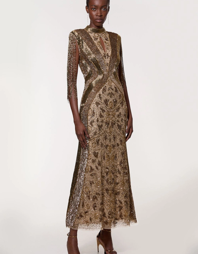 Petite Premium Embellished Beaded Cap Sleeve Woven Maxi Dress