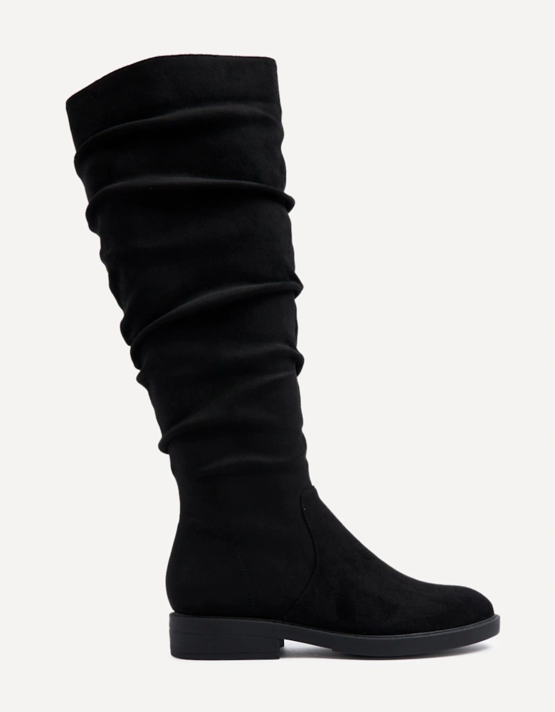 Liana Black Faux Suede Knee High Flat Ruched Boots