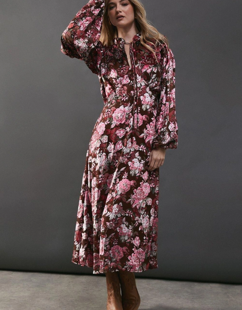 Burnout Floral Velvet Frill Shoulder Tie Front Midi Dress