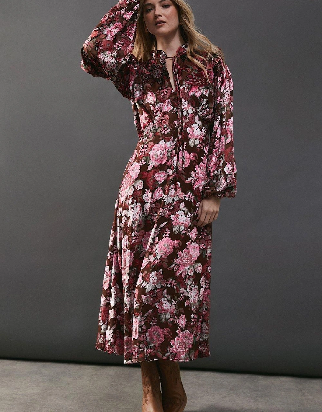 Burnout Floral Velvet Frill Shoulder Tie Front Midi Dress, 2 of 1