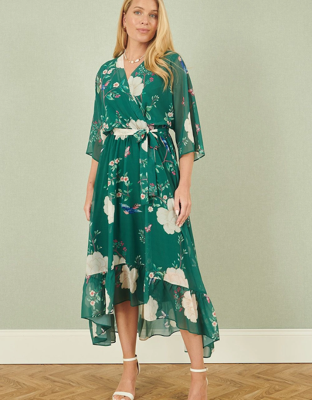 Green Bird and Floral Print Midi Wrap Dress, 2 of 1
