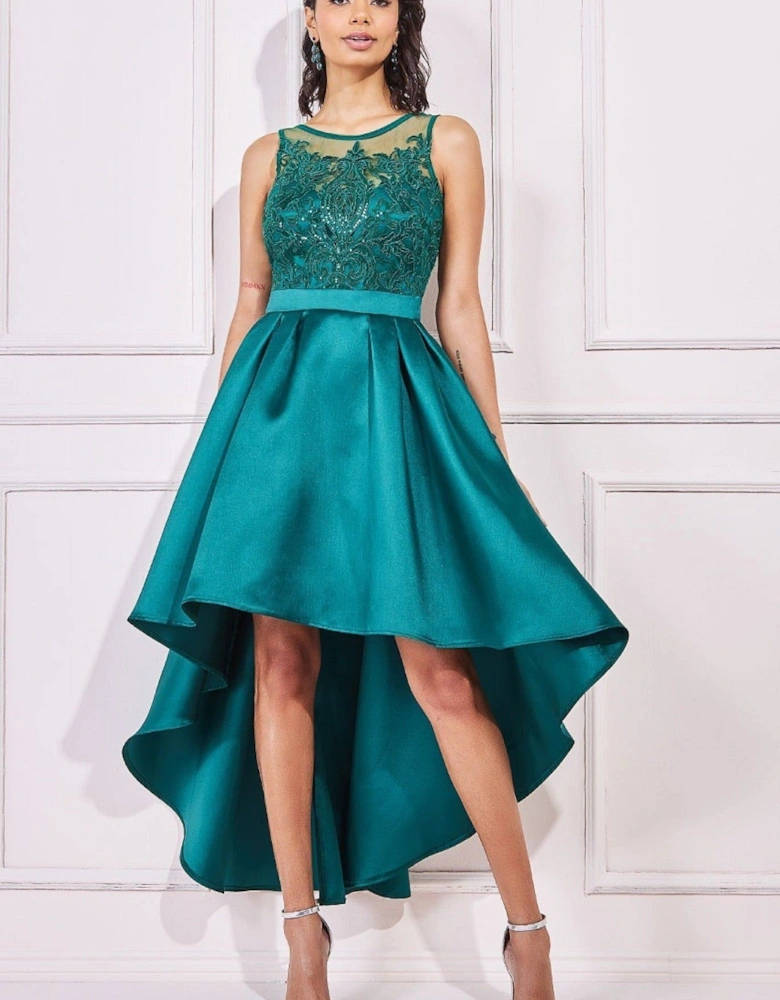 Sequin & Satin Dipped Hem Midi Dress