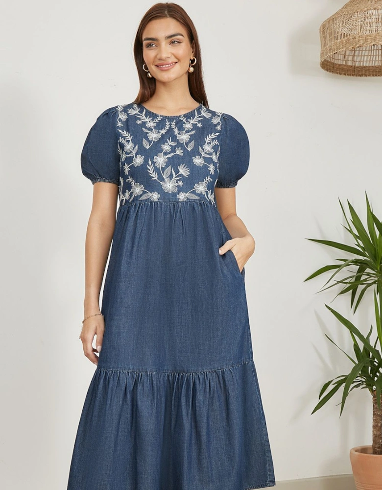 Blue Chambray Denim Midi Dress With Embroidery And Puff Sleeves