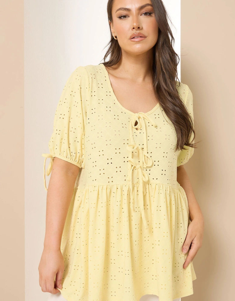 Broderie Anglaise Tie Front Peplum Top