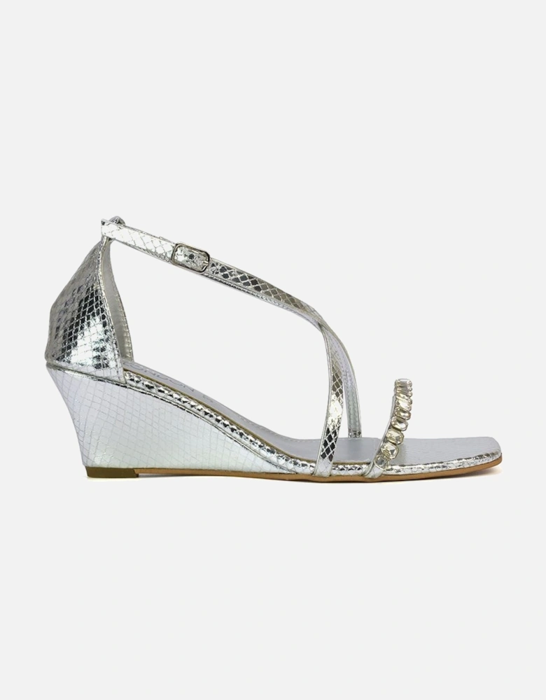 'Sky' Strappy Square Toe Patterned Diamante Wedge Heel Sandals