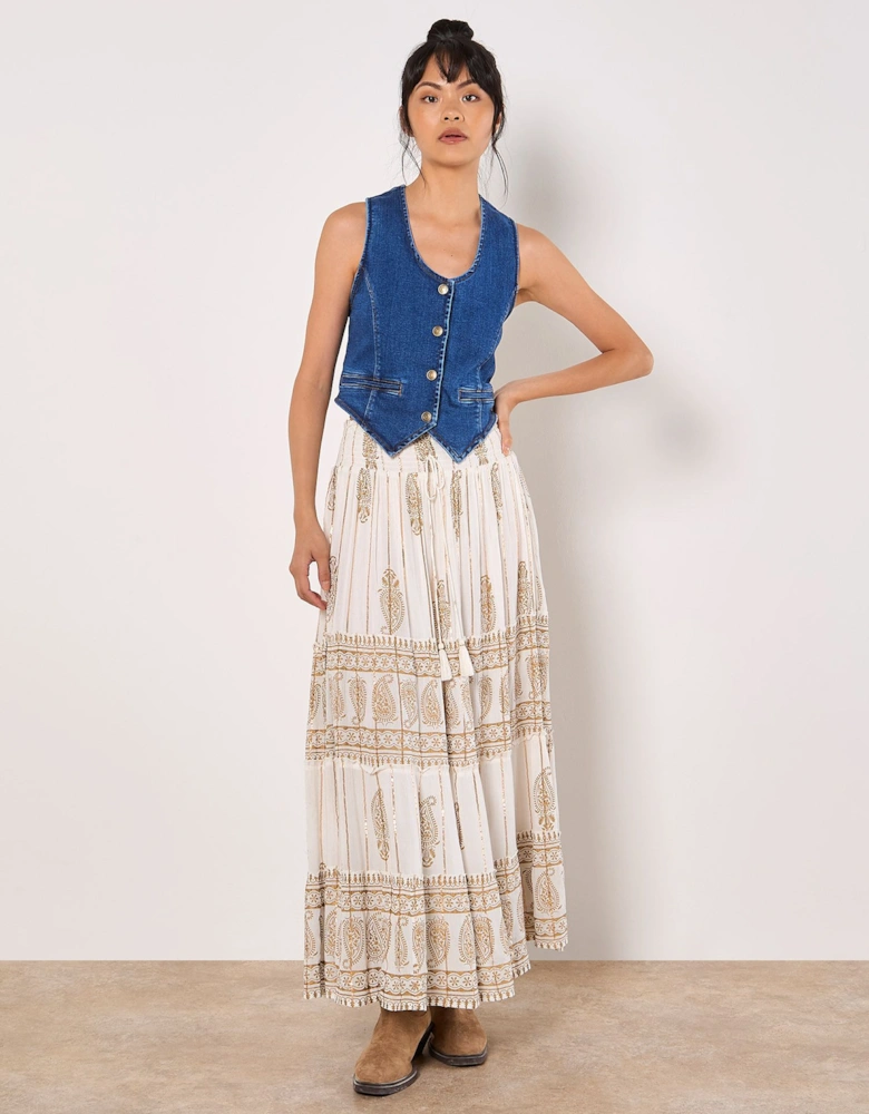 Gold Foil Paisley Tiered Maxi Skirt