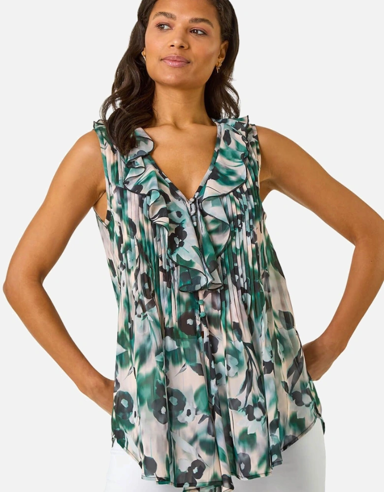 Abstract Print Frill Buttoned Blouse