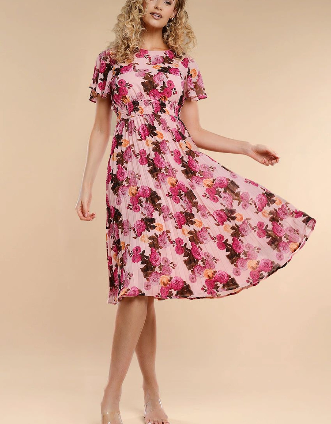 Flutter Sleeve Pleated Skirt Floral Midi Dress, 2 of 1