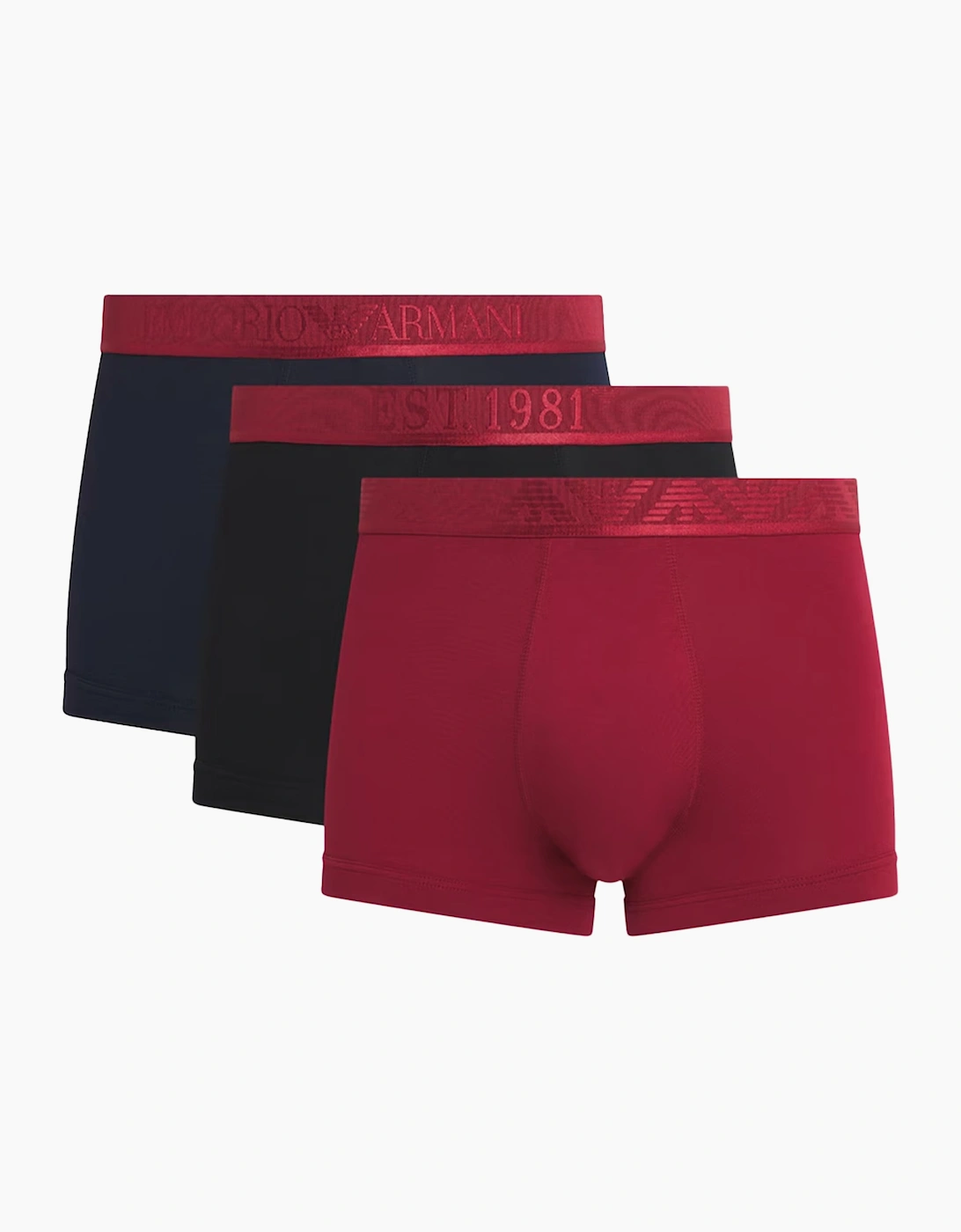 Men's Emporio Armani Stretch Cotton Logo 3 Pack Trunks Black/Red - Size: 32/30/31