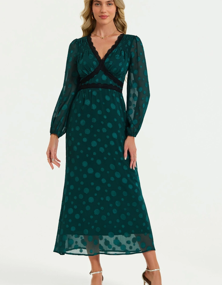 Long Sleeve Dot Jacquard Lace Trim Maxi Dress In Green