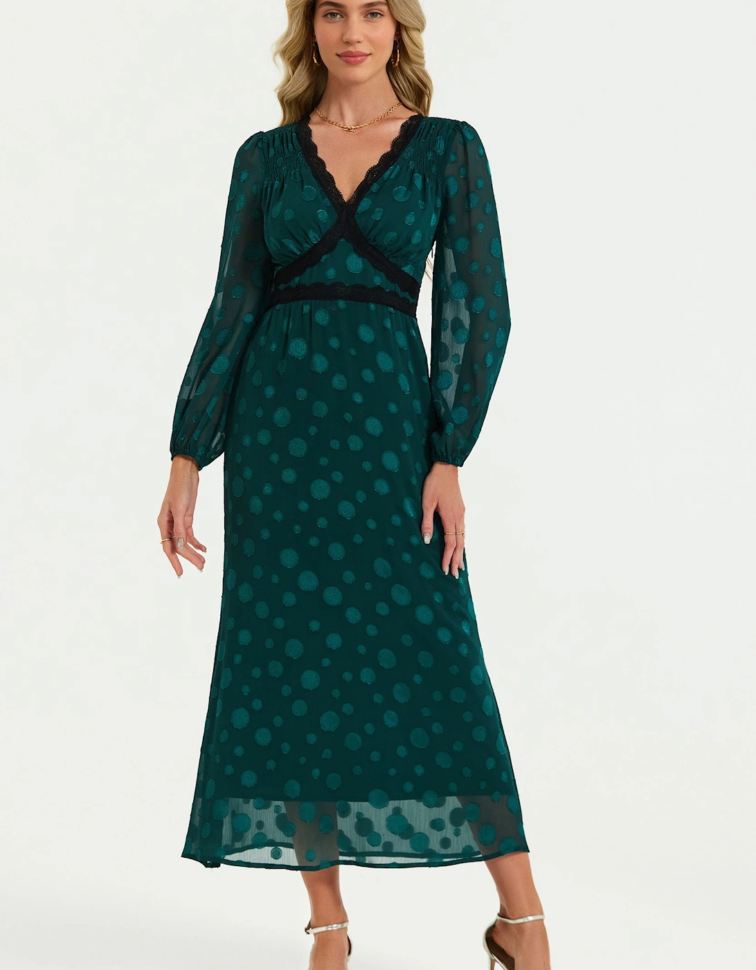Long Sleeve Dot Jacquard Lace Trim Maxi Dress In Green, 2 of 1