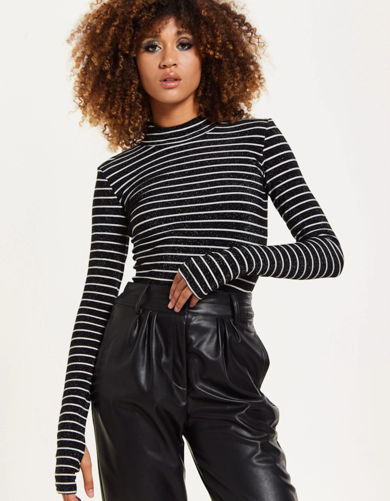 Midnight Sparkle Striped Hi Neck Top