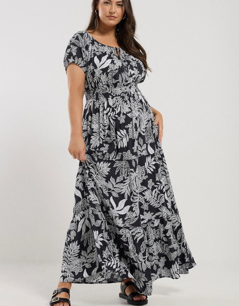 Leaf Print Tie Front Maxi Dress