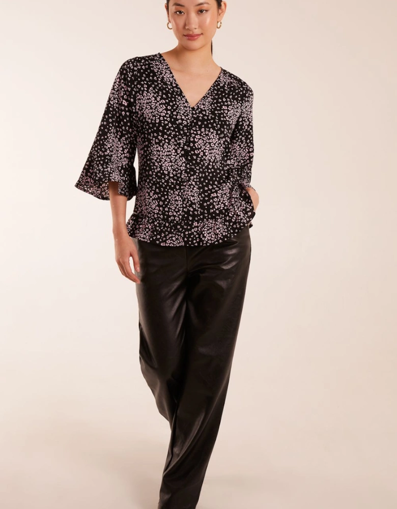 Button Front V Neck Flounce Blouse