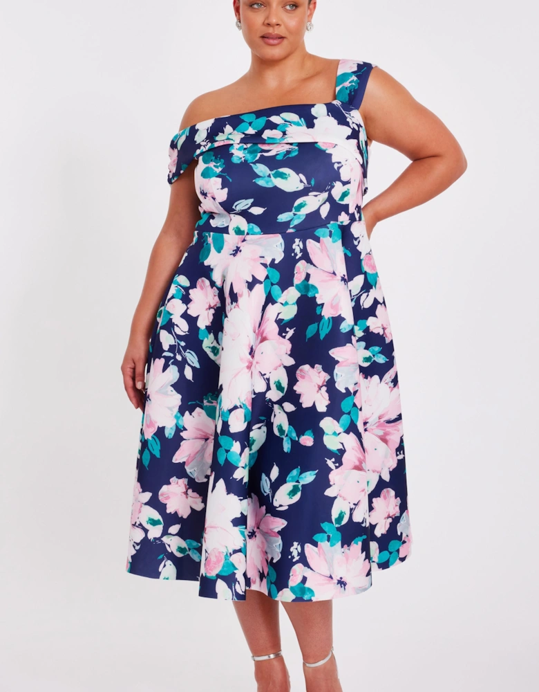 Navy Curve Floral Print Skater Dress