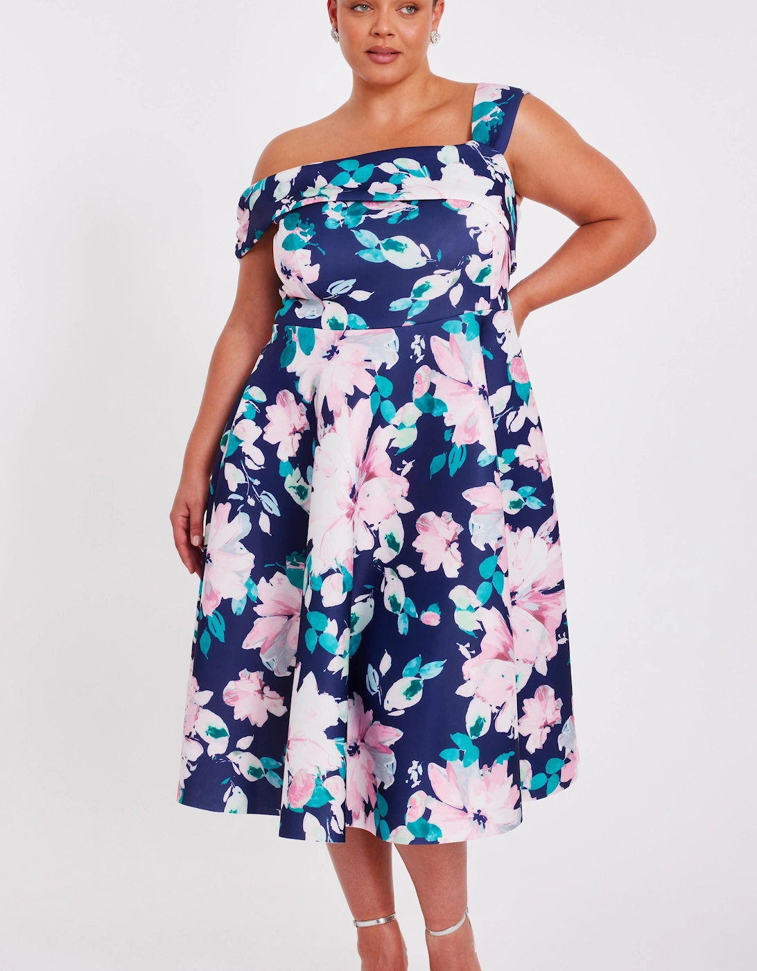 Navy Curve Floral Print Skater Dress, 2 of 1