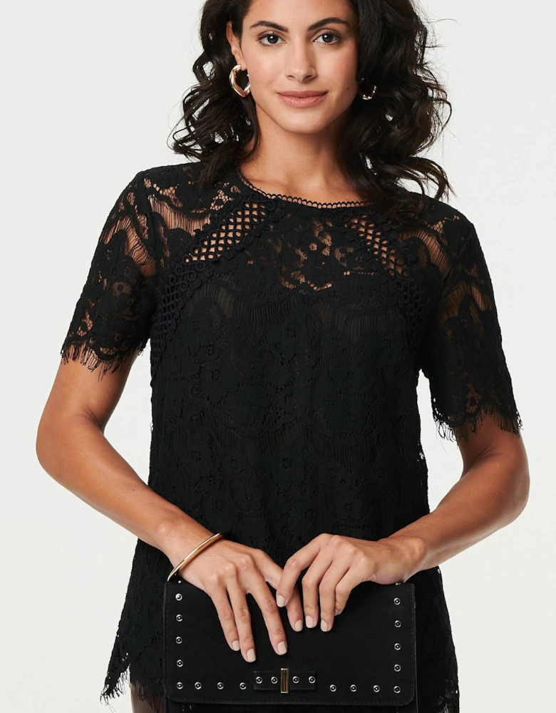 Lace Overlay Short Sleeve Blouse