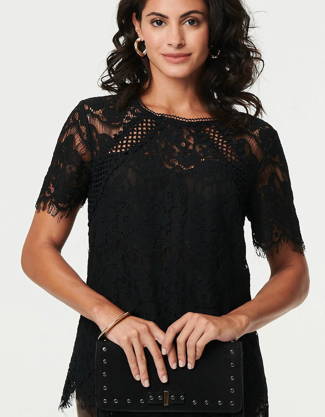 Lace Overlay Short Sleeve Blouse, 2 of 1