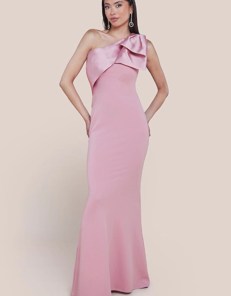 One Shoulder Satin Ribbon Scuba Crepe Maxi Dress