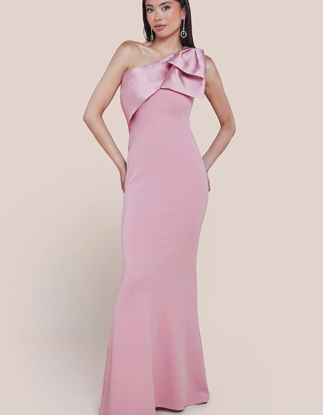 One Shoulder Satin Ribbon Scuba Crepe Maxi Dress, 2 of 1