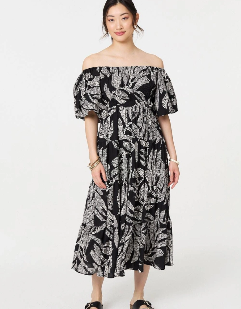 Leaf Print Puff 1/2 Sleeve Midi Dress