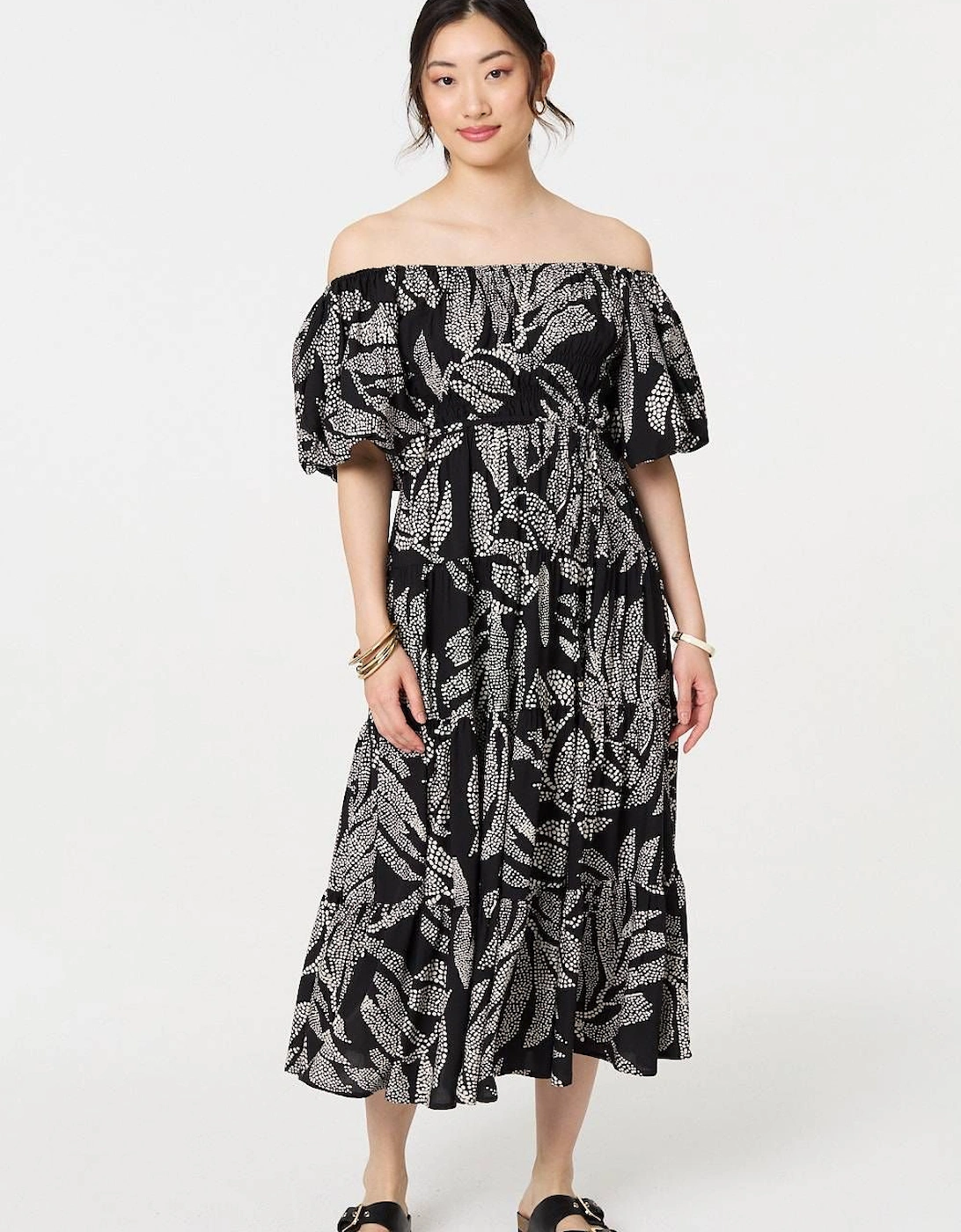 Leaf Print Puff 1/2 Sleeve Midi Dress, 2 of 1