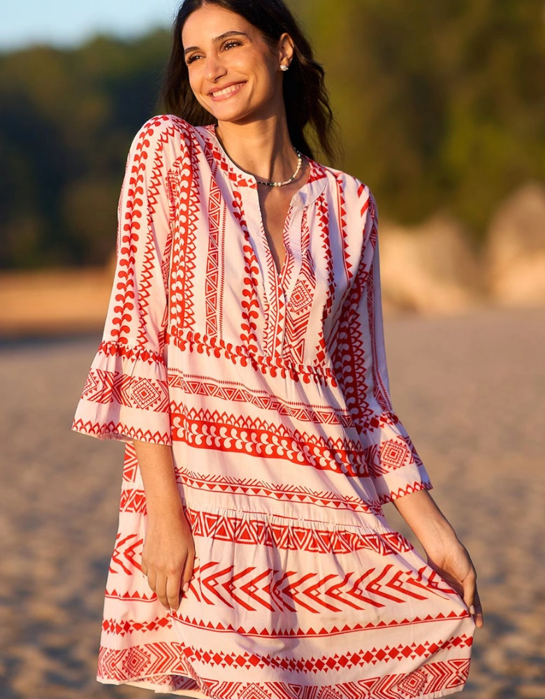 Coral Geo Stripe Print Beach Tunic
