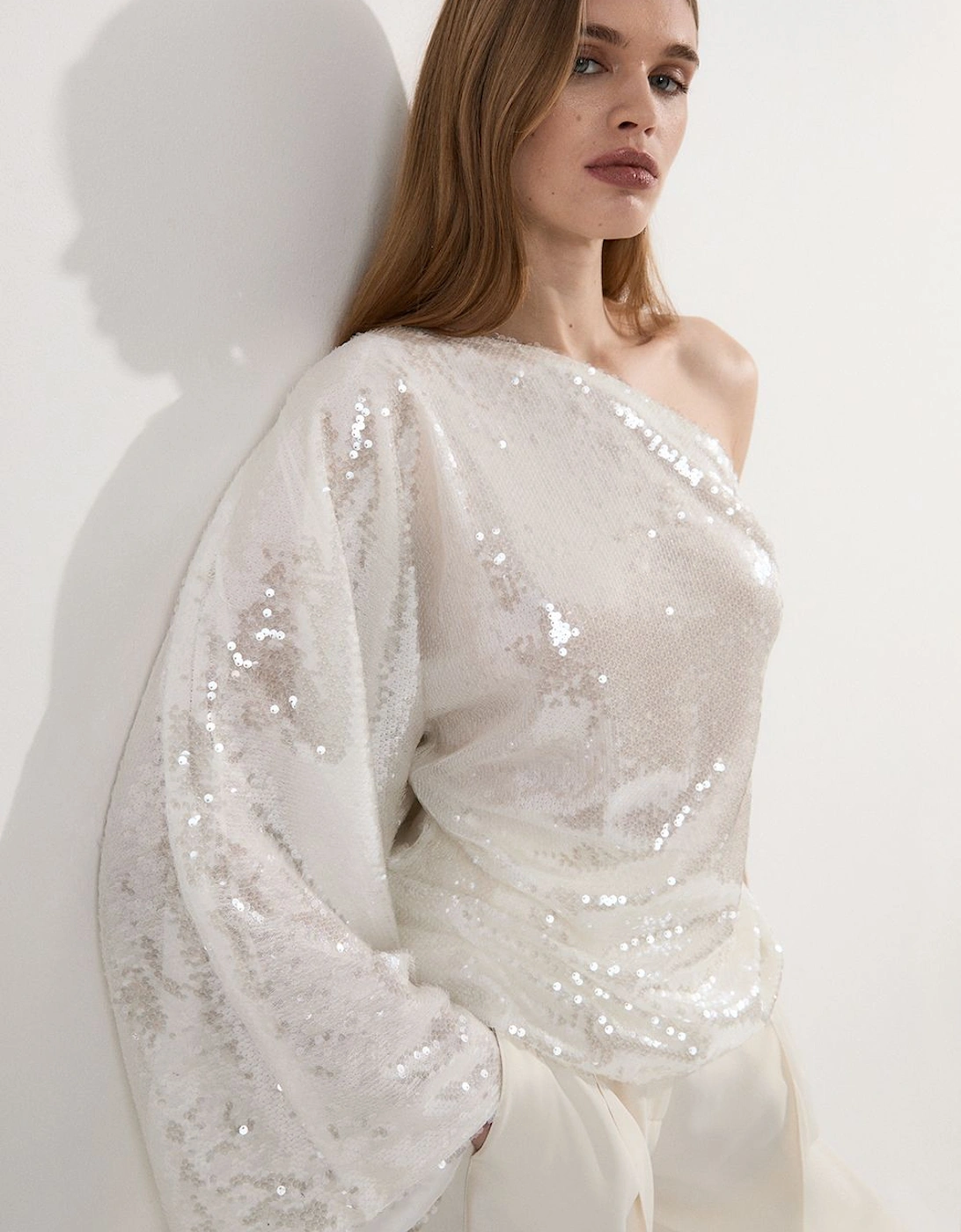 Liquid Shine One Shoulder Woven Sequin Blouse, 2 of 1