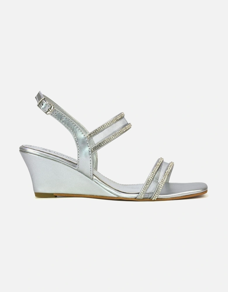 'Lacey' Strappy Diamante Mesh Square Toe Mid Heel Wedge Sandals