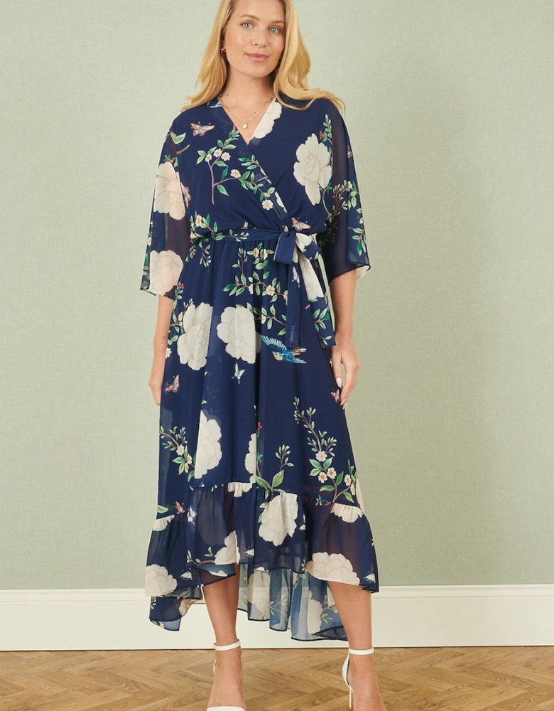 Navy Bird and Floral Print Midi Wrap Dress