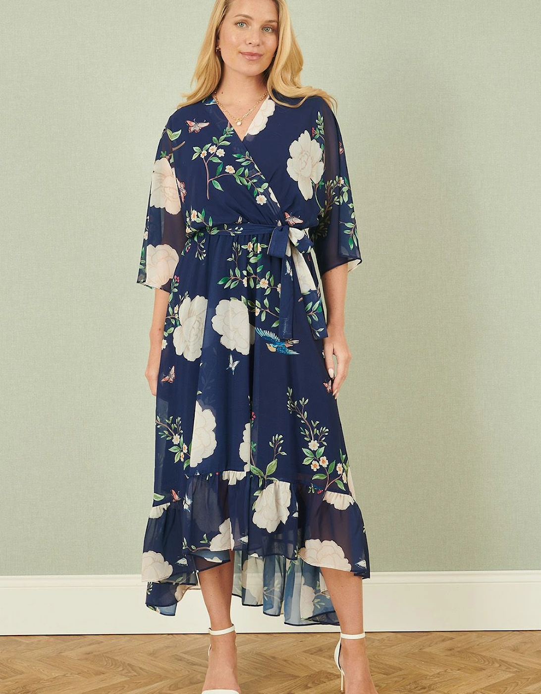 Navy Bird and Floral Print Midi Wrap Dress, 2 of 1