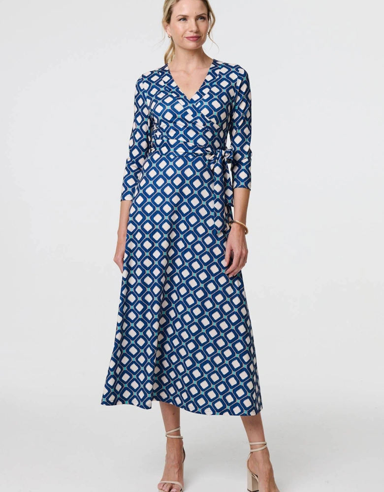 Geo Print 3/4 Sleeve Midi Wrap Dress