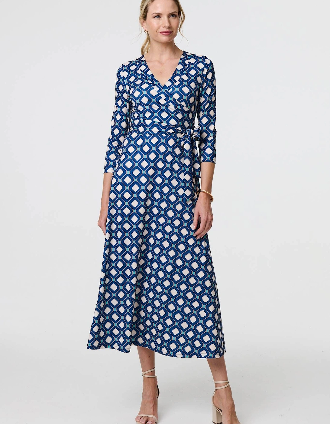 Geo Print 3/4 Sleeve Midi Wrap Dress, 2 of 1