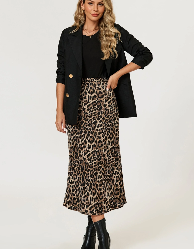 Leopard Print Satin Midi Skirt In Brown